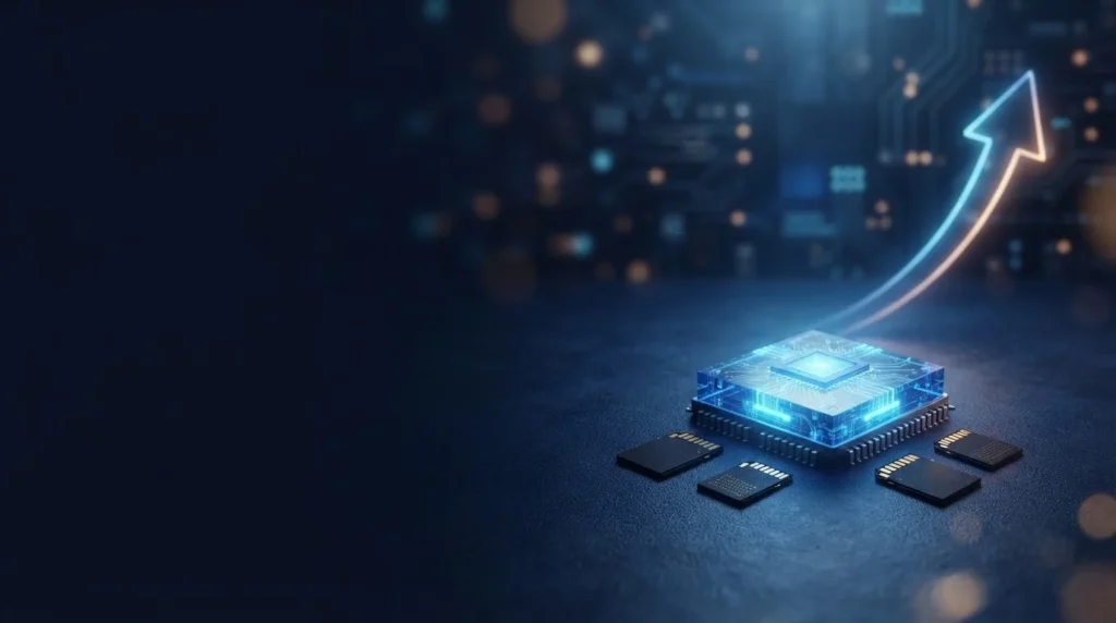 Glowing memory chip with small memory cards and a rising arrow on a dark blue background